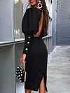 Round-Neck  Long Sleeve Backless Split-Back Midi Dress