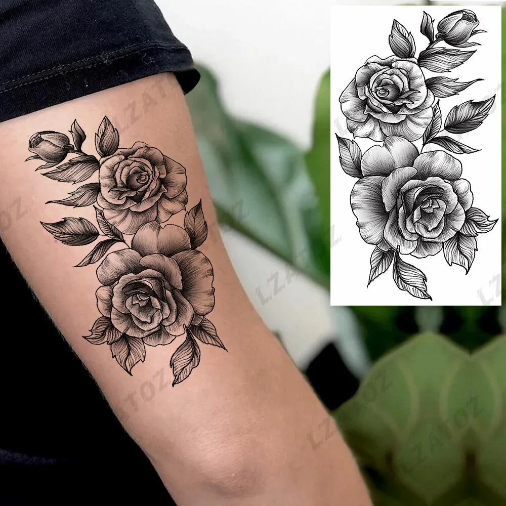 Sdrawing Rose Flower Temporary Tattoos For Woman Adults Realistic Compass Cross Fake Tatoos Sexy Waterproof Hand Tattoo Sticker