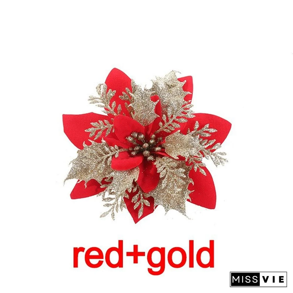 10 Pcs/Set Glitter Christmas Flower Poinsettia Christmas Tree Decorations Ornaments Christmas DIY Craft 11 Colors
