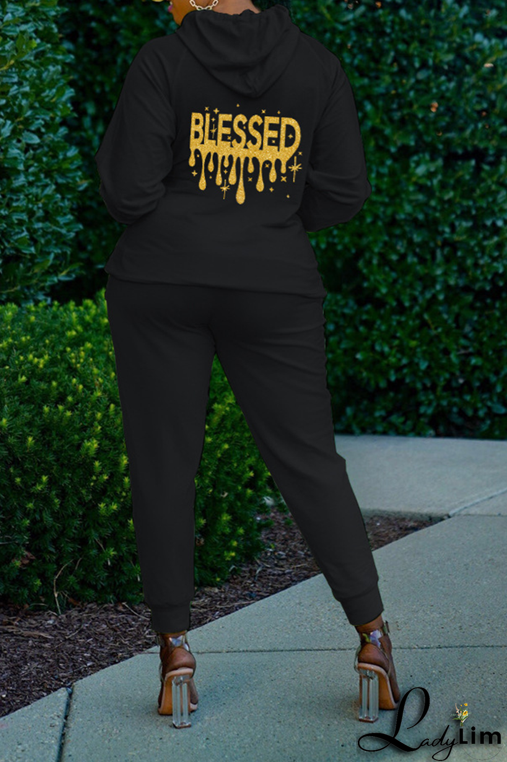 Black Fashion Print Patchwork Hooded Collar Long Sleeve Two Pieces