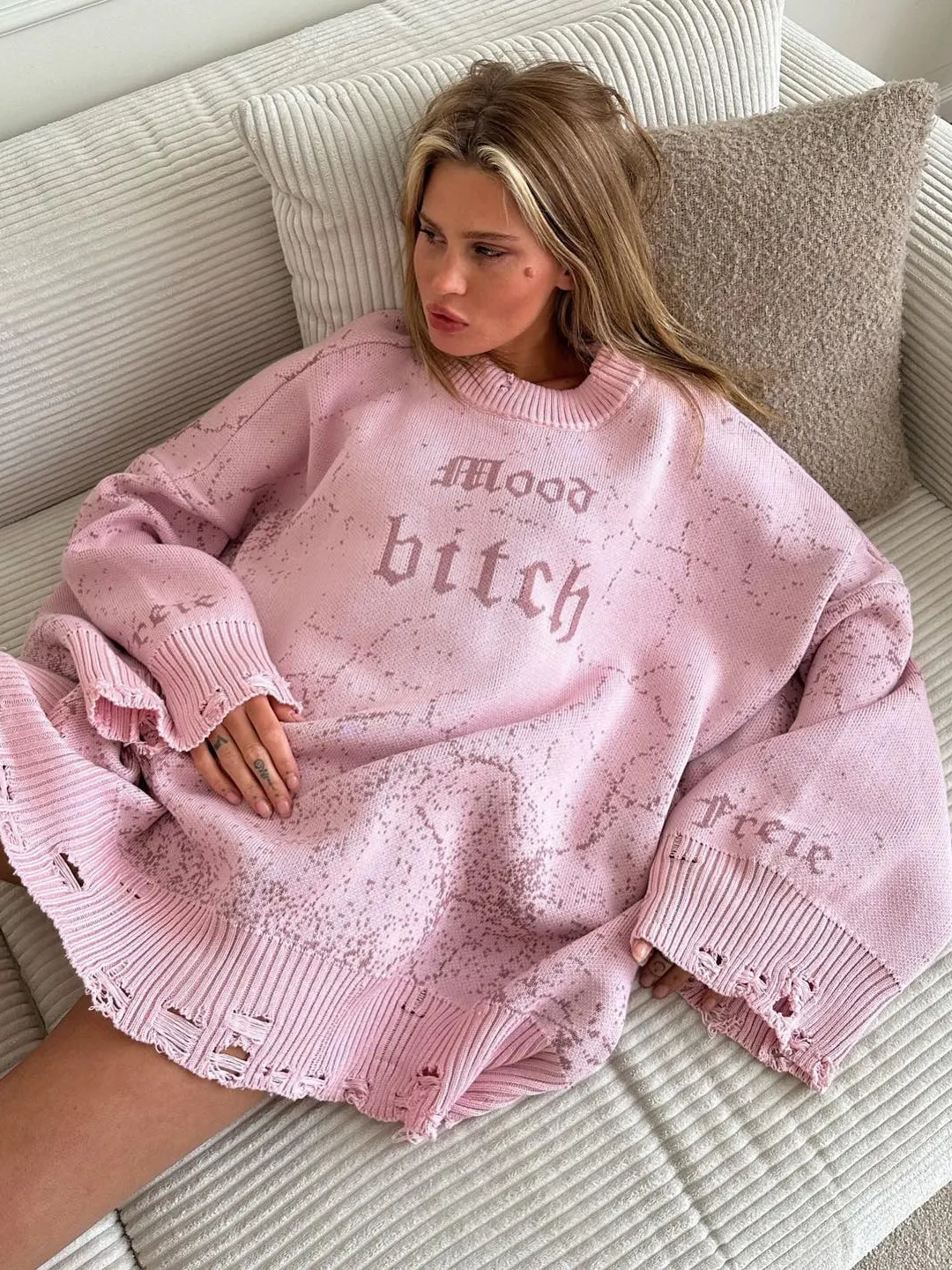 Athvotar Athvotar Blogger Wind With Loose Letter Embroidery Personality Tattered Knitted Sweater Casual Personality Sweater Women Autumn And Winter