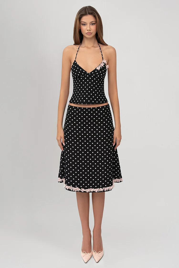 Polka Dot Print Halter Top Floral Decor Midi Skirt 2pcs Set-Black [Pre Order]