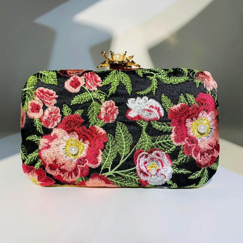 Polyester Flower Embroidery Square Evening Bags