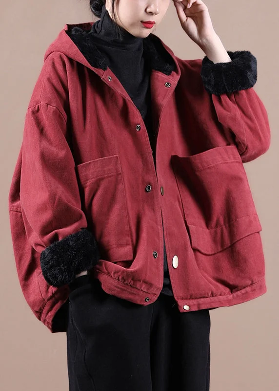 Vintage Red Warm Fleece Button Low High Design Hooded Coat Winter