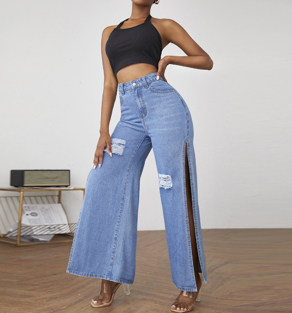 Oldedu Wide Leg Women's Jeans 2025 New Personality Trend High Waist Long Jeans Ripped Sexy Slit Jeans Wide Leg Pants Denim Long Pants
