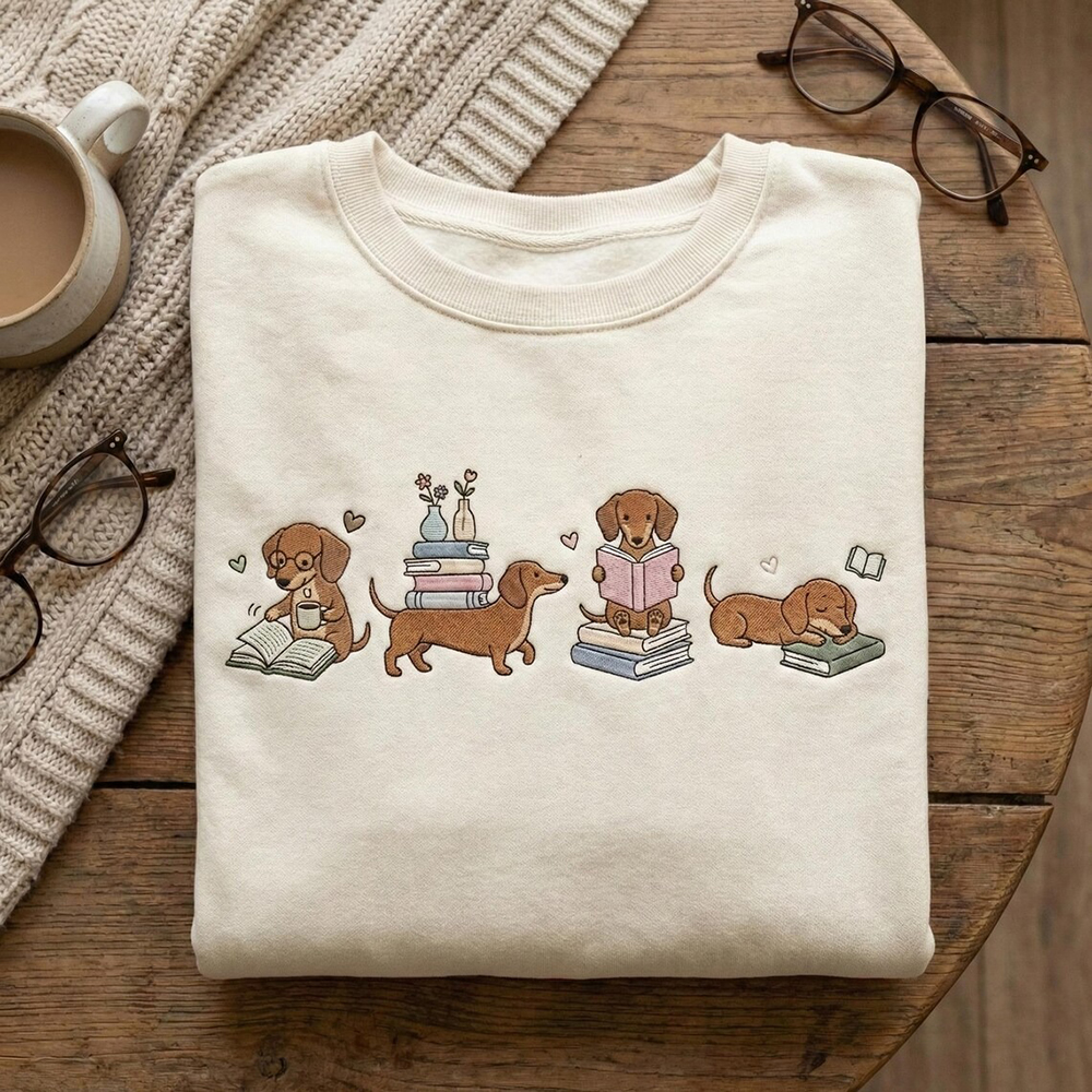 Cute Dachshund Book Lover Pattern Cozy Sweatshirt wearshes