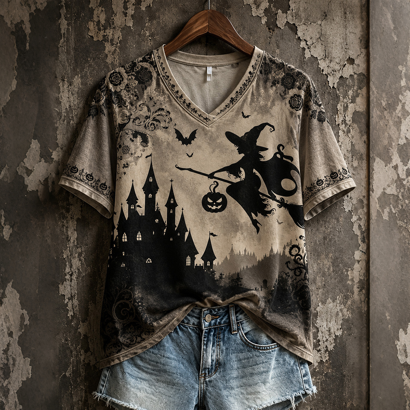 Female Witch Castle Floral Bat Pumpkin Print Halloween Retro V-neck Short Sleeve T-shirt artswardrobe