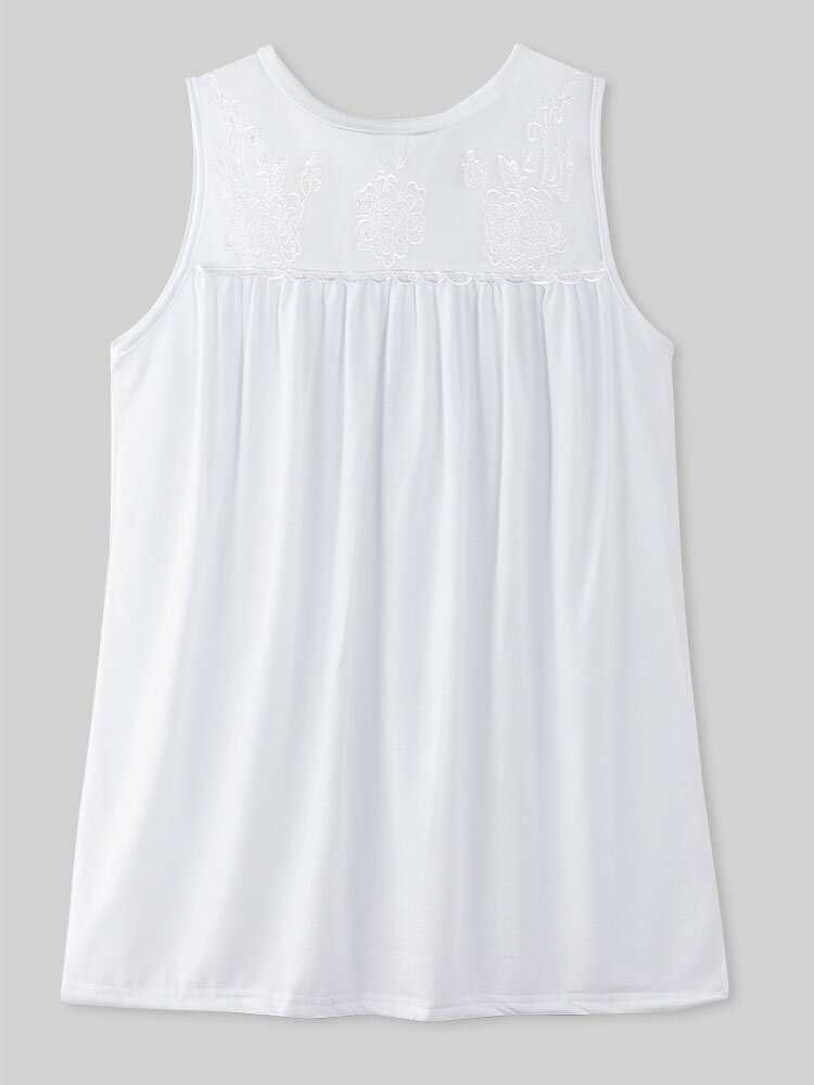 Solid Color Flower Lace Patchwork Sleeveless O neck Casual Tank Top P1858623