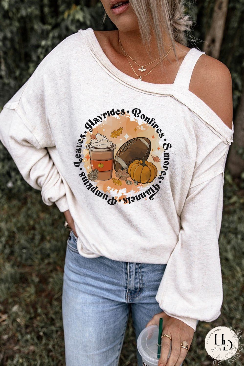 Beige Pumpkin Rugby Football Slogan Print Cold Shoulder Top