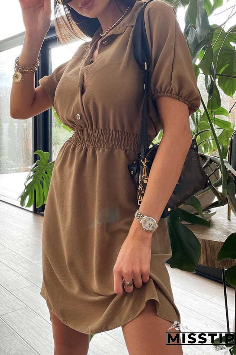 Brown Casual Solid Patchwork Turndown Collar Short Sleeve Dress