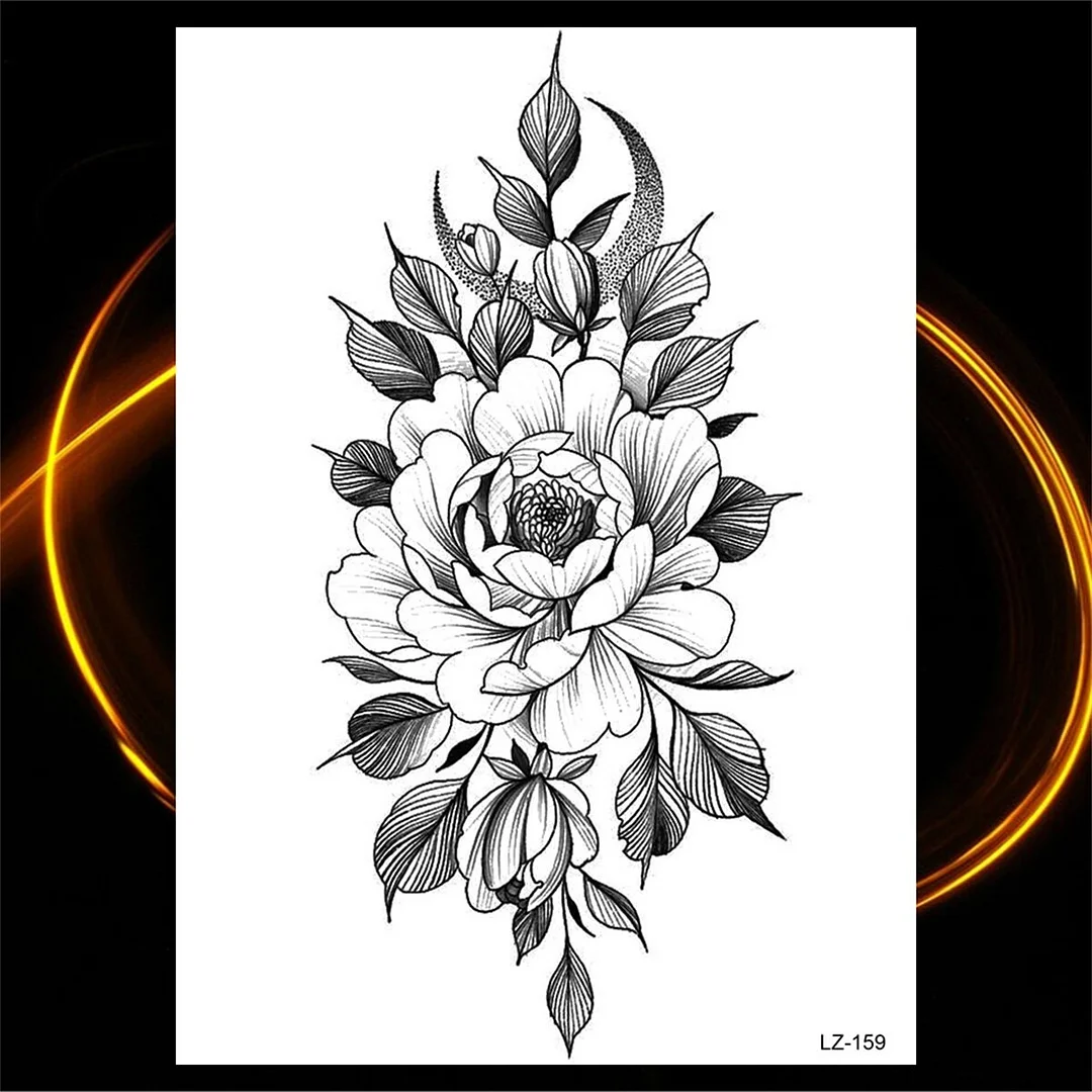 Sdrawing Rose Flower Moon Temporary Tattoos For Women Adult Pendant Peony Lotus Fake Tattoo Calf Thigh Body Art Waterproof Tatoos