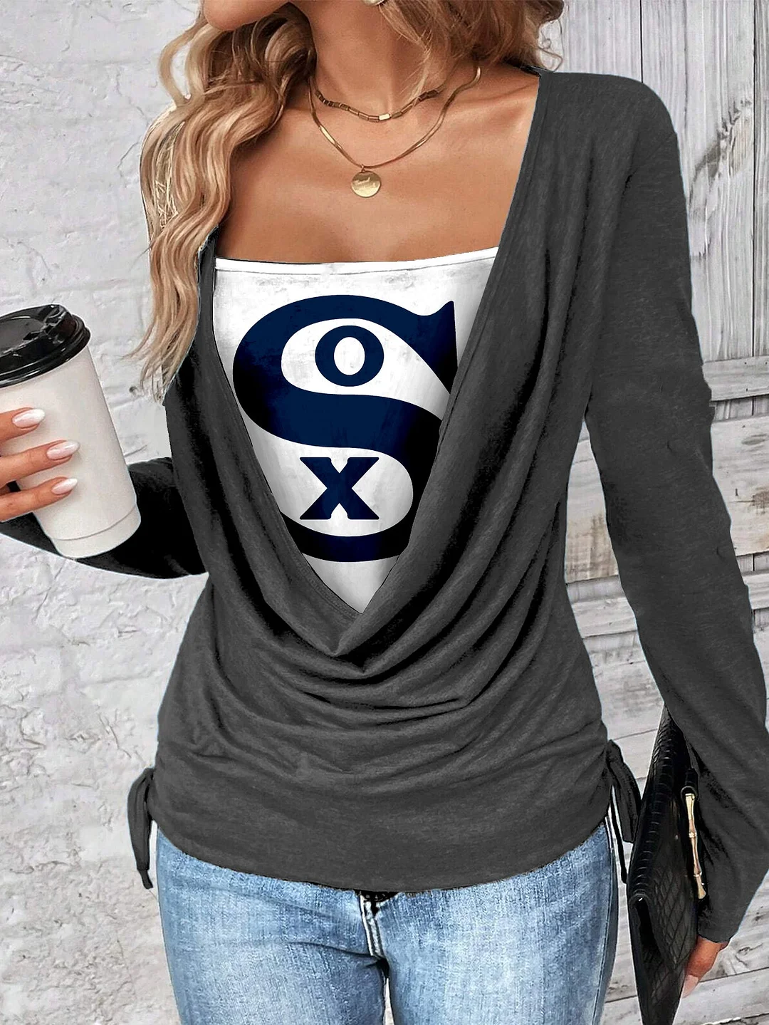 Contrast draped side drawstring T-shirt