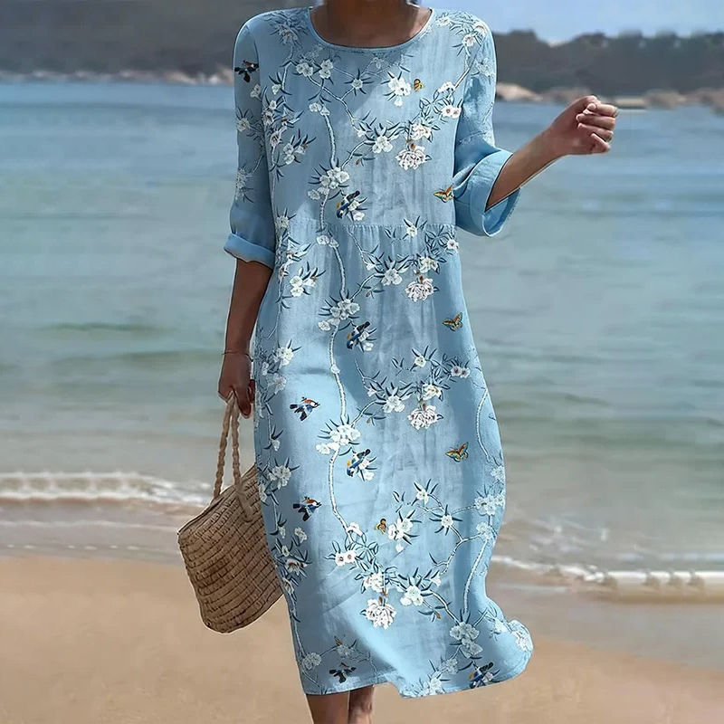 Women's Vintage Floral Print Round Neck Linen Blend Casual Midi Dress wearshes