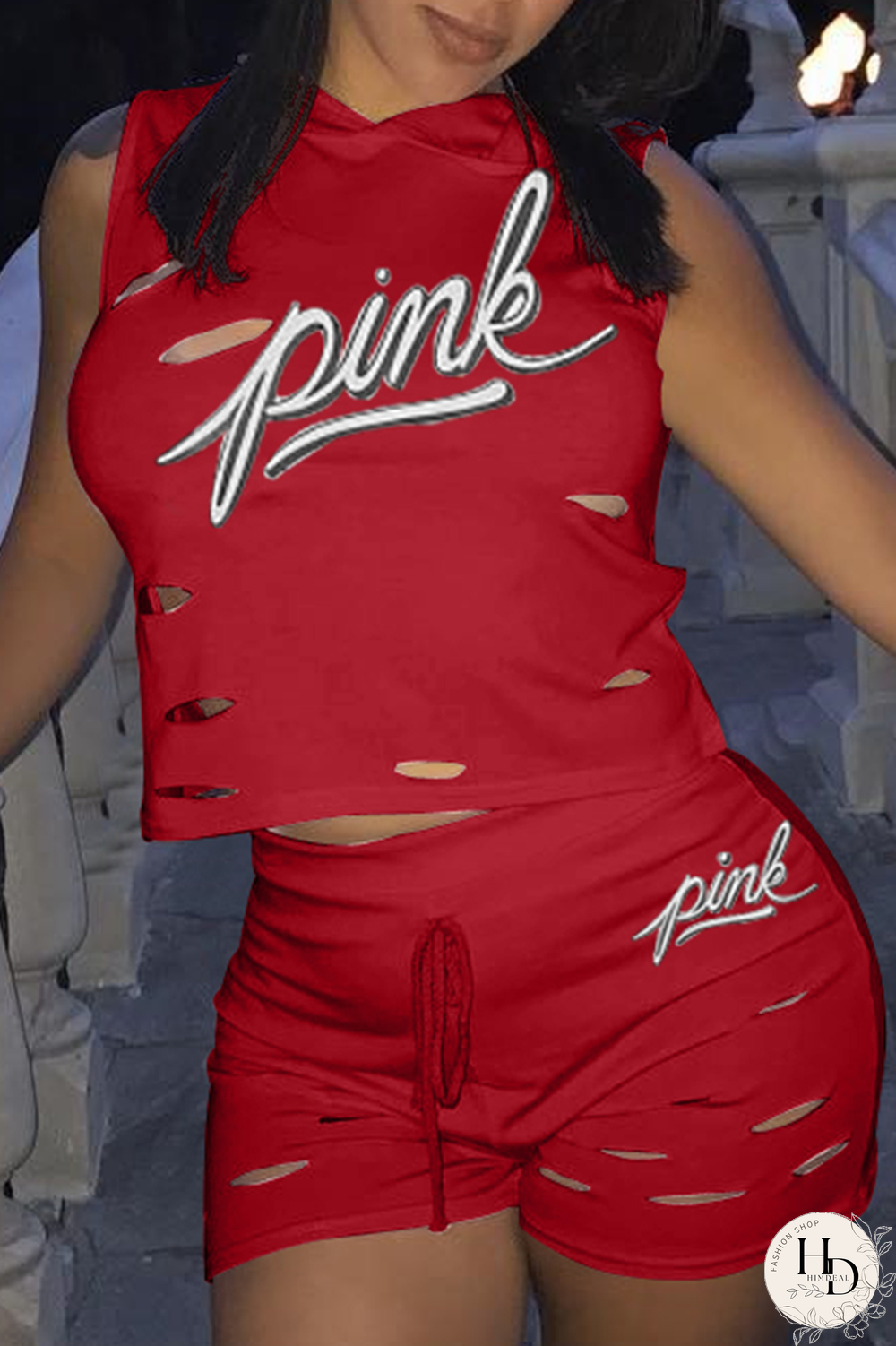 Red Casual Print Hollowed Out Hooded Collar Sleeveless Two Pieces