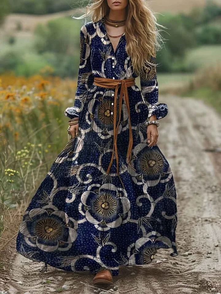 Women's Abstract Floral Print Pocket Cotton Shirt Dress