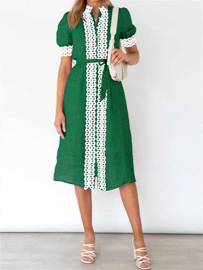 Women's Short Sleeve Scoop Neck Lace Stitching Midi Dress