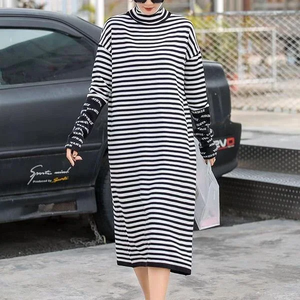 Women Dress Fashion New Turtleneck Striped Plus Size Loose Pleated 2020 Winter Minority Elegant Style Dress