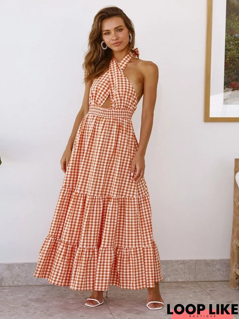 Hanging Neck Plaid Print Big Swing Dress