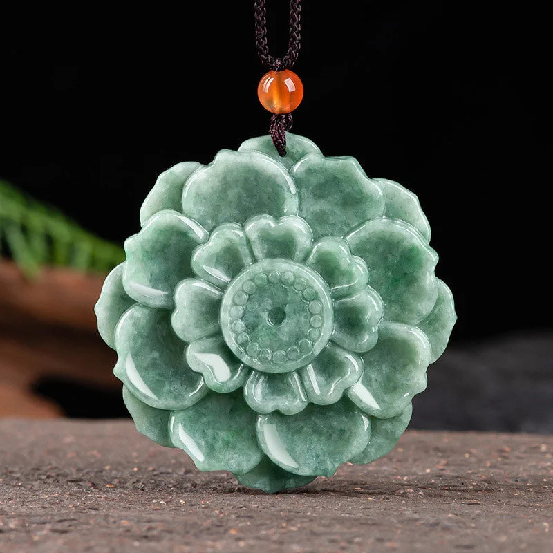 Lotus Pattern Jade Luck Prosperity Necklace Pendant