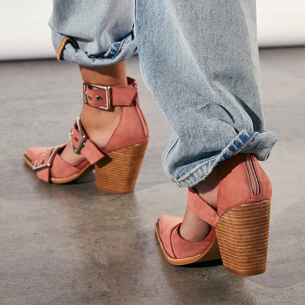 Pink Vegan Suede Buckled Strappy Pointed Toe Chunky Heel Shoes