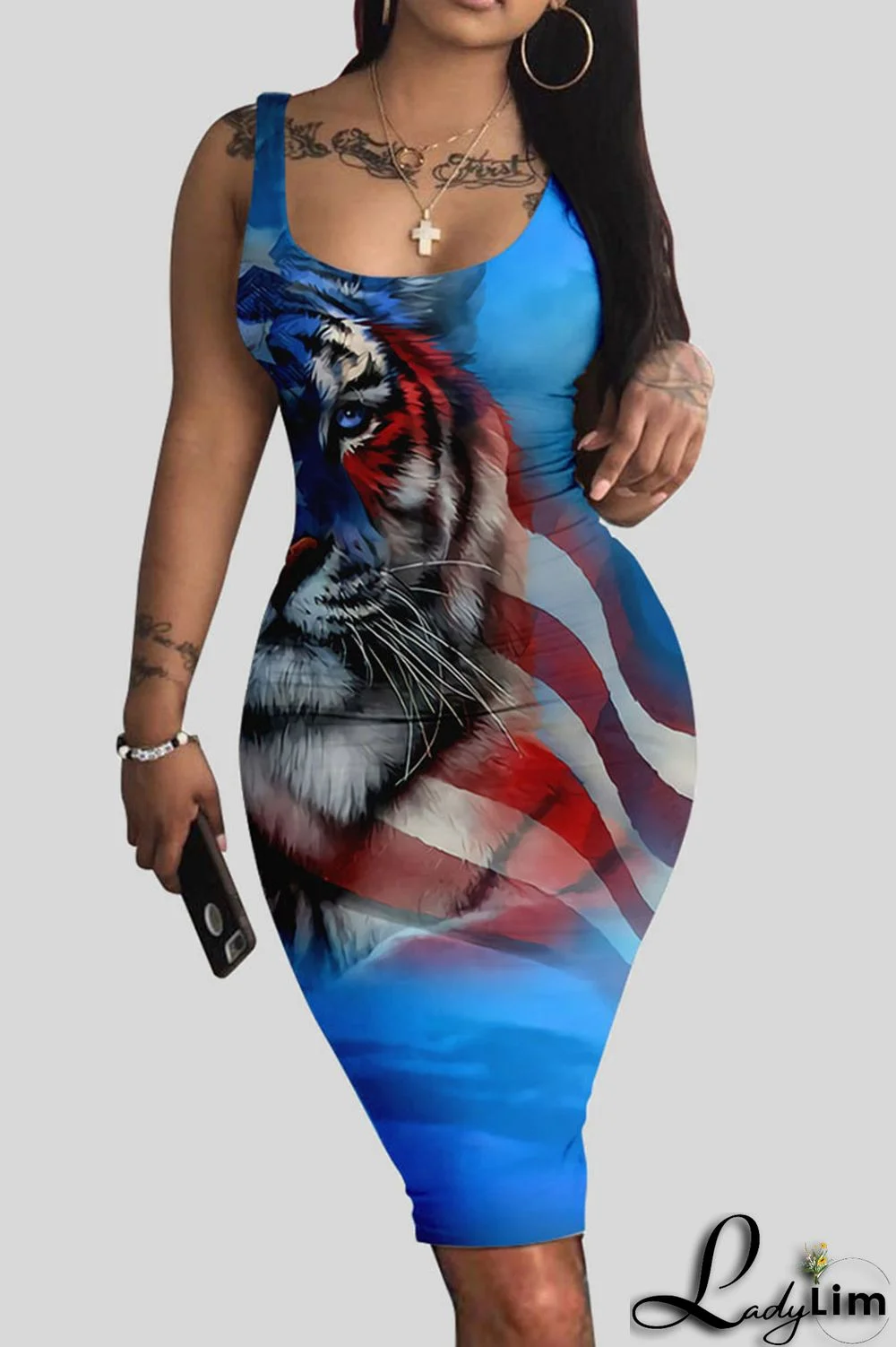 Colour Sexy Print Patchwork U Neck Pencil Skirt Dresses