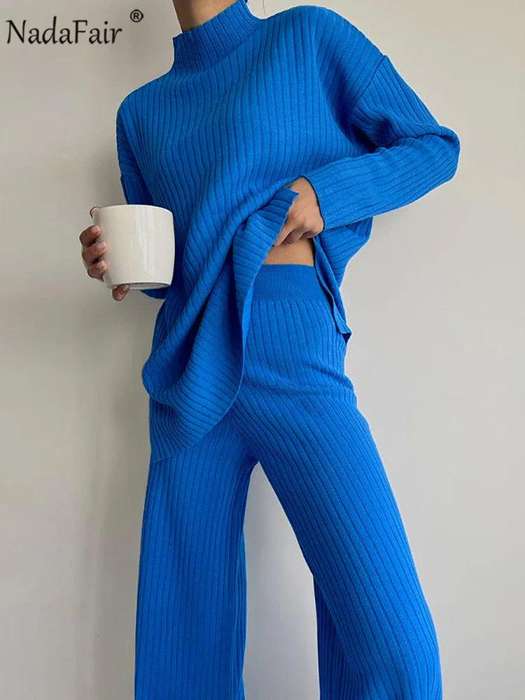 Budgetg Nadafair Knitted Womens Sets 2Piece Outfits Solid Casual Pullover Tops Hight Waist Pants 2021 Winter Oversize Sweater Suits Blue