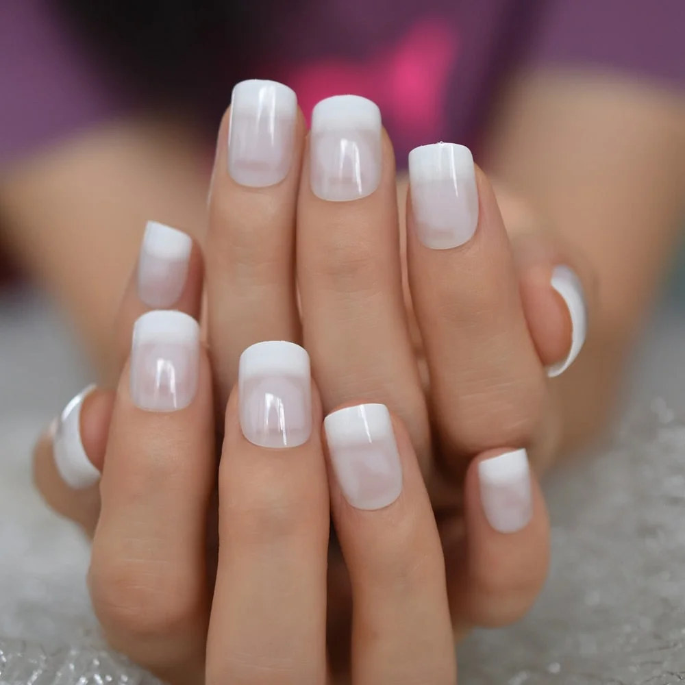 White Gradient Color Press On Nails Square Medium Transparent French Style False Nail with Glue Sticker