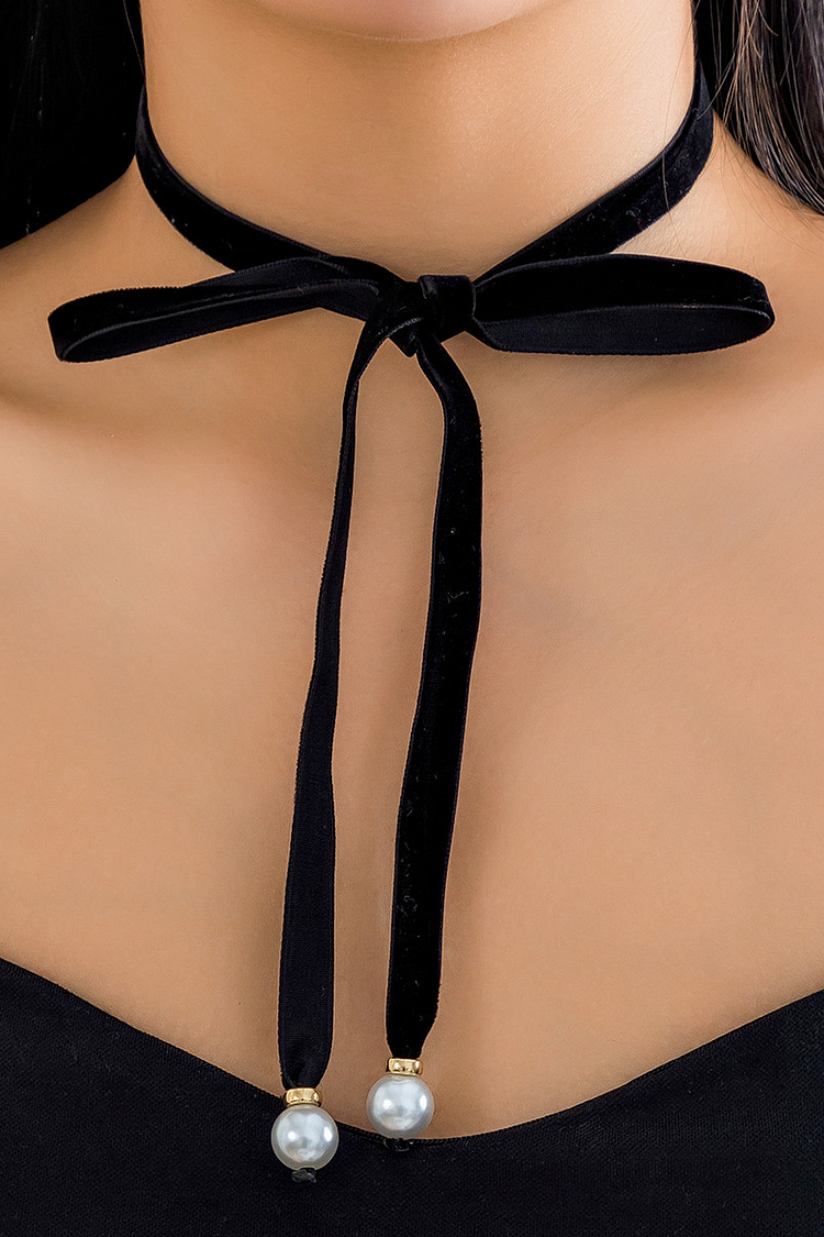 Tie Up Bow Imitation Pearls Decor Fashionable Choker-Black