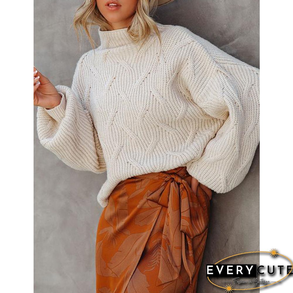 White Textured Mock Neck Solid Color Sweater