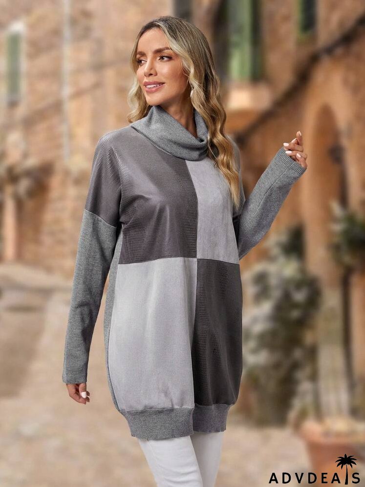 Color Block Turtleneck Drop Shoulder Sweater