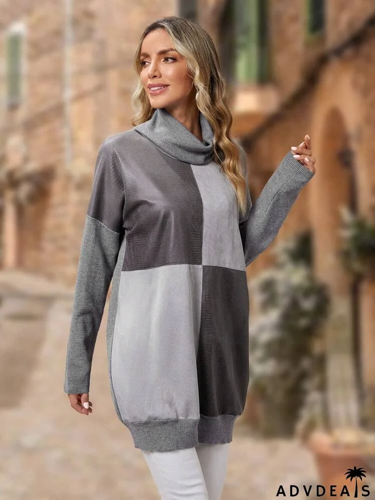 Color Block Turtleneck Drop Shoulder Sweater