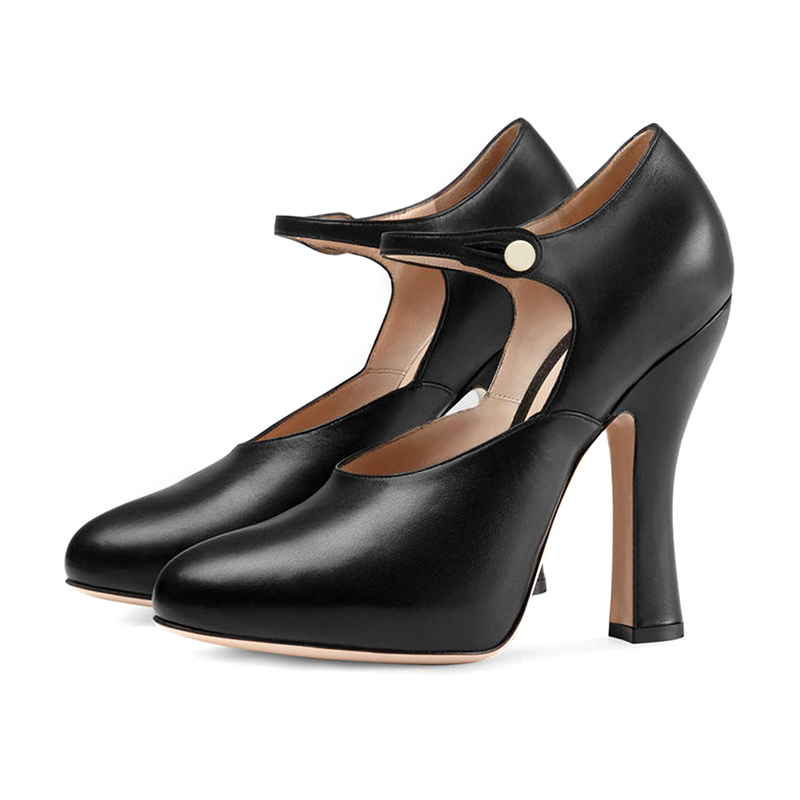 TAAFO Black Vintage Heels Closed Toe Ankle Strap Block Heel Heels Women's