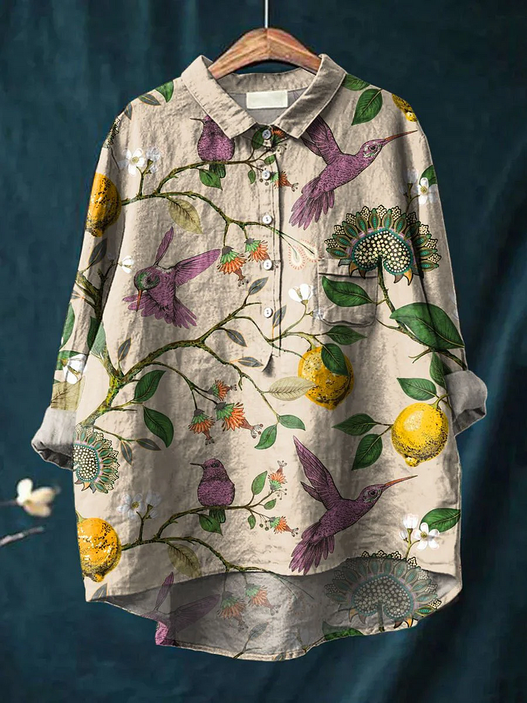 Vintage Lovely Birds Floral Art Print Casual Cotton And Linen Shirt