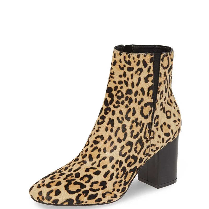 TAAFO Leopard Print Woman Ankle Boots High Chunky Heels Round Toe Booties Zip Ladies Shoes