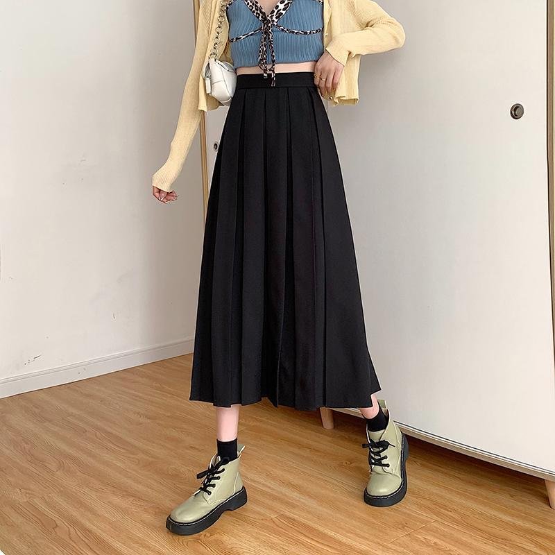 HOUZHOU Vintage Brown Pleated Long Skirts Women Korean Fashion High Waist Chic Elegant A-line Midi Skirt for Girls Preppy Style