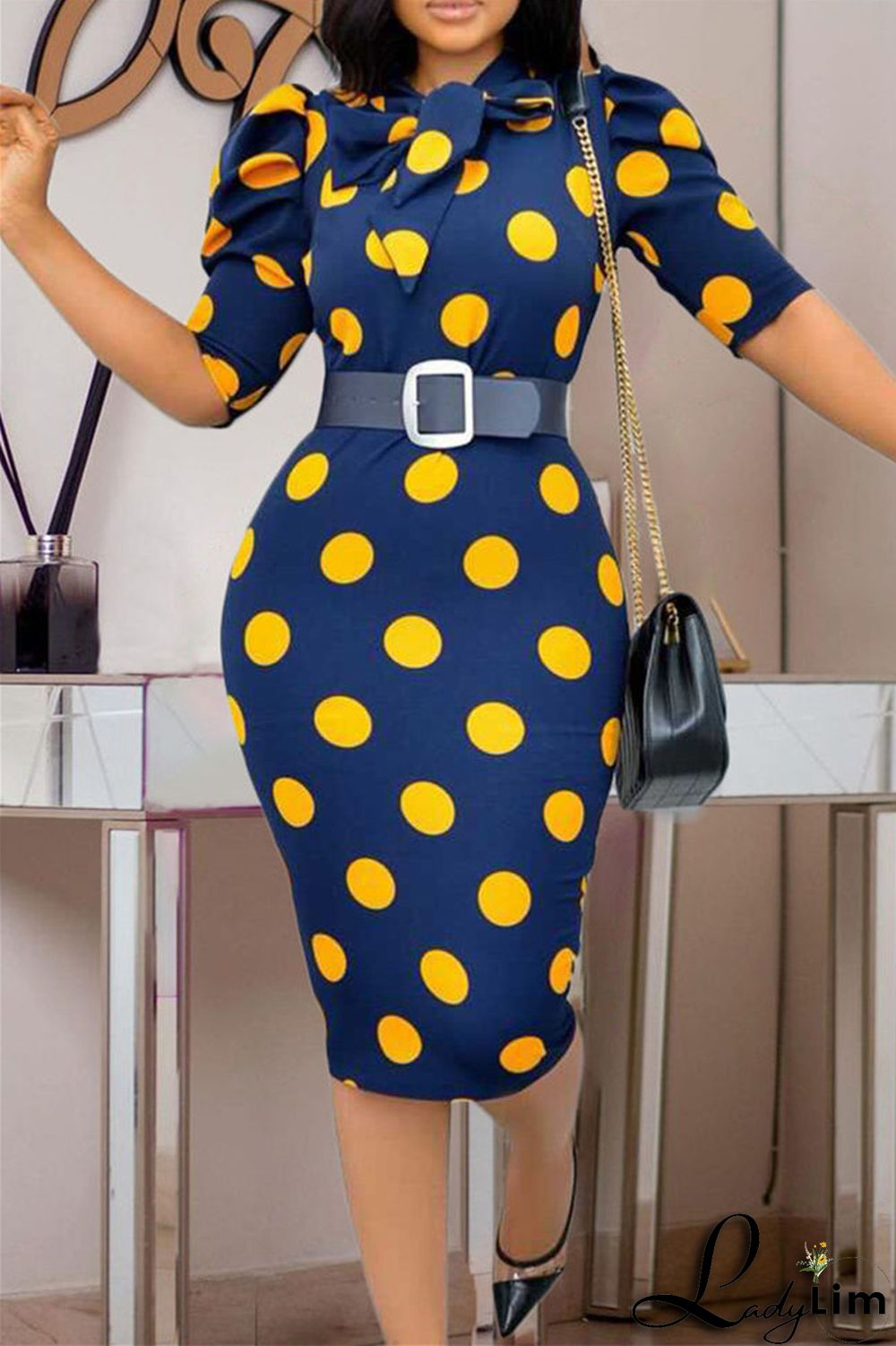 Red Fashion Casual Dot Print With Belt O Neck Pencil Skirt Dresses