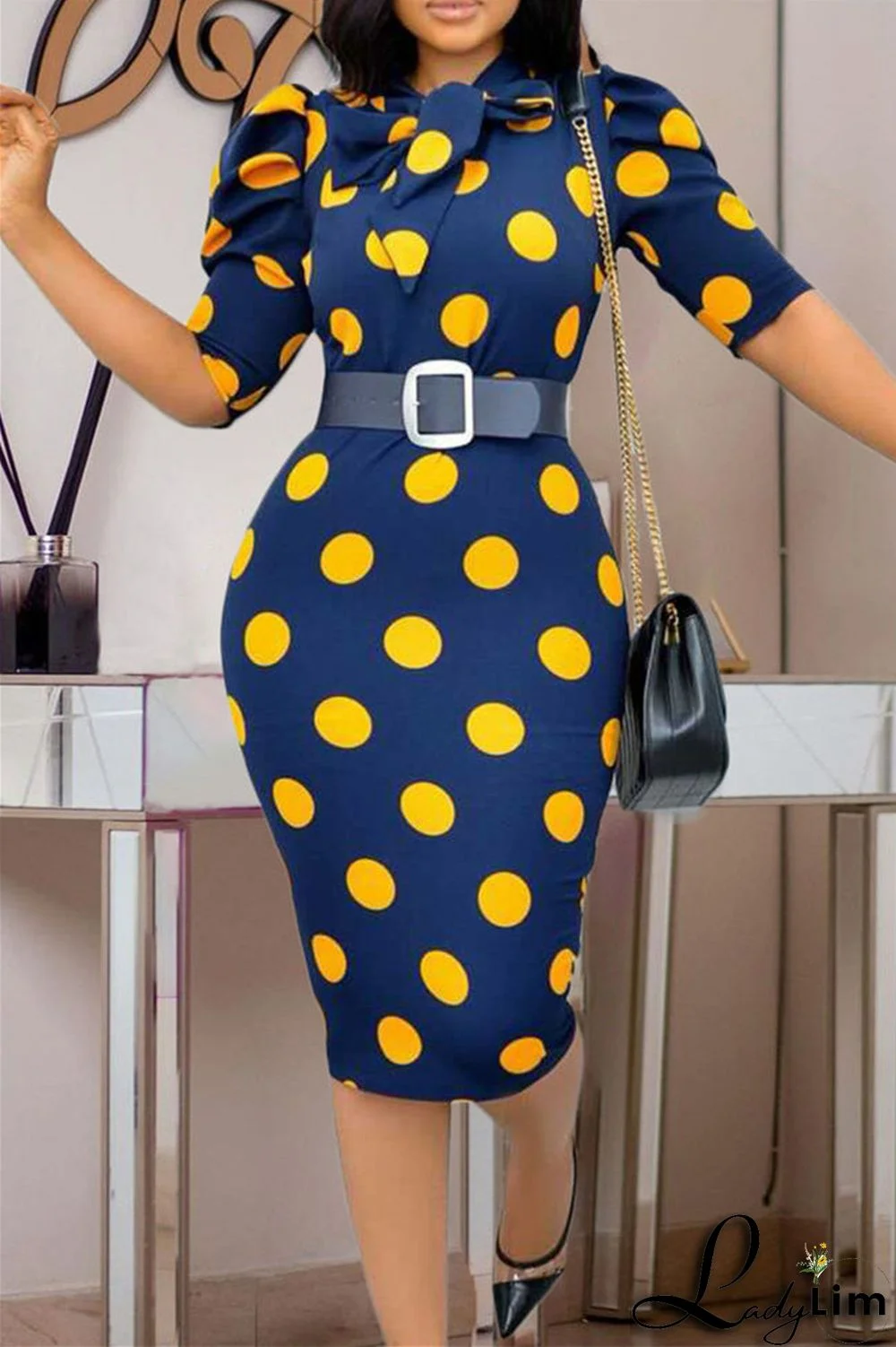 Red Fashion Casual Dot Print With Belt O Neck Pencil Skirt Dresses