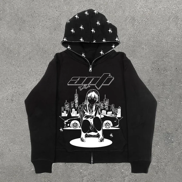 Cartoon Character Pentagram Print Long Sleeve Full Zip Hoodie