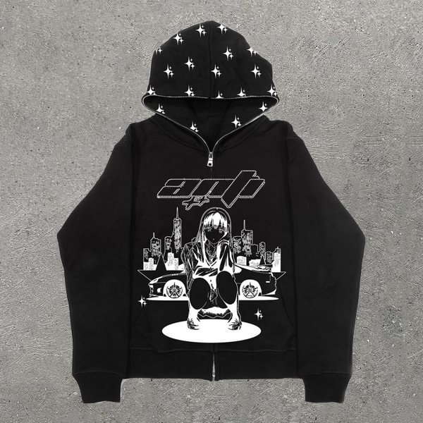 Cartoon Character Pentagram Print Long Sleeve Full Zip Hoodie