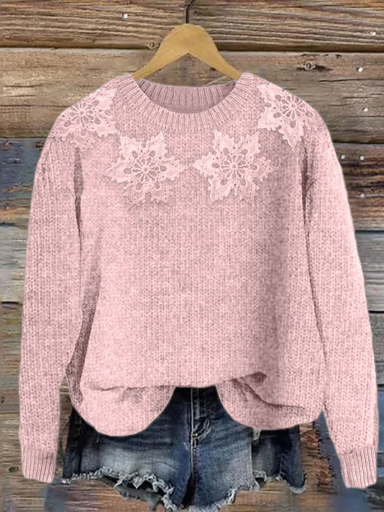 Classy Snowflakes Yoke Crochet Cozy Knit Sweater