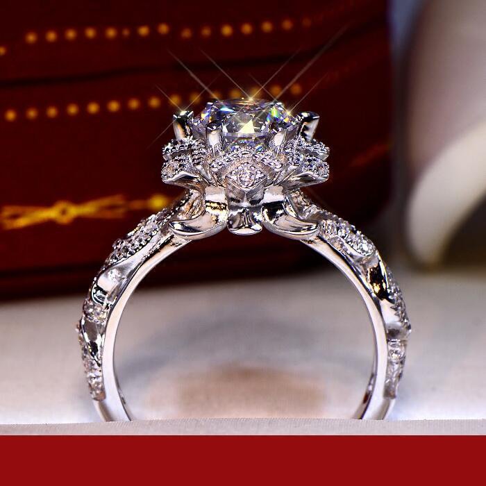 White Gold Plated Micro-Set Diamond Openwork Floral Ring