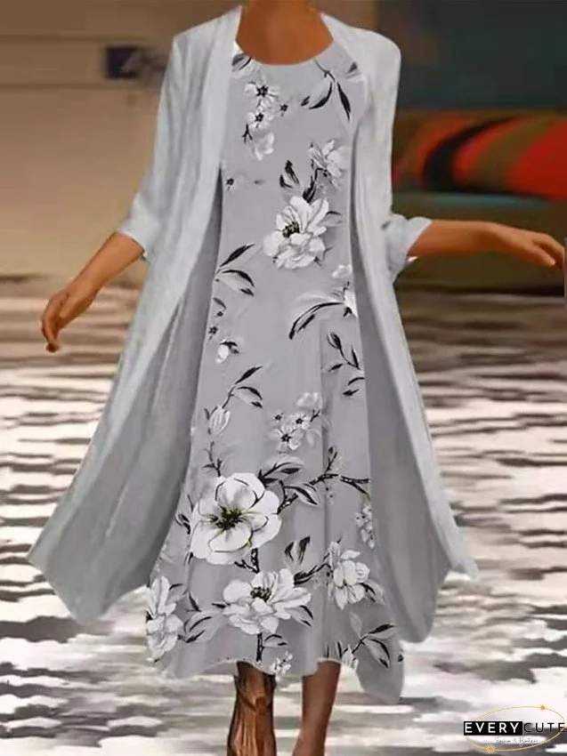 Dress Set Two Piece Dress Chiffon Dress Midi Dress Gray 3/4 Length Sleeve Floral Chiffon Summer Spring Crew Neck Stylish Loose Fit S M L XL XXL for Women