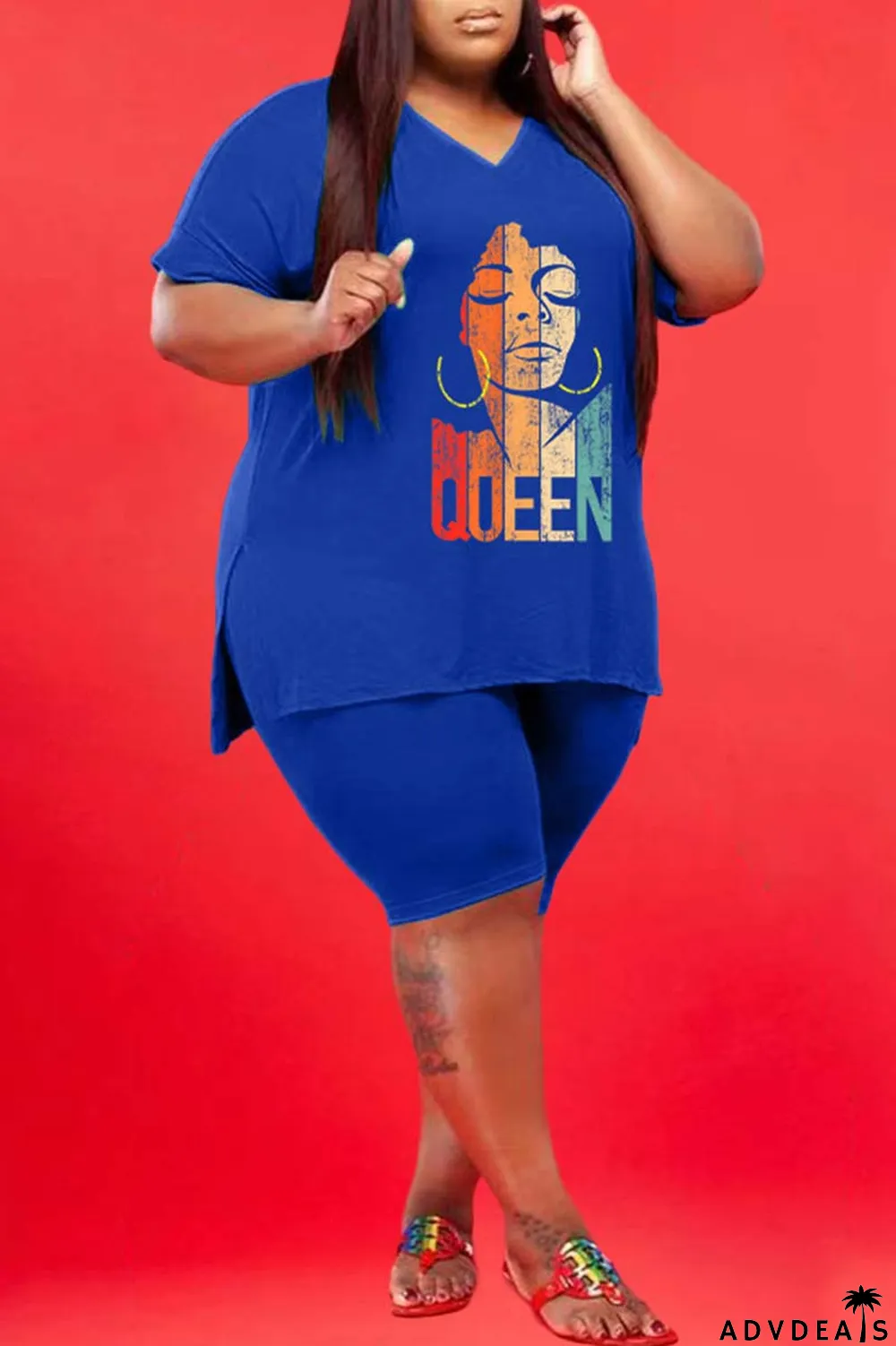 Green Casual Print Slit V Neck Plus Size Two Pieces