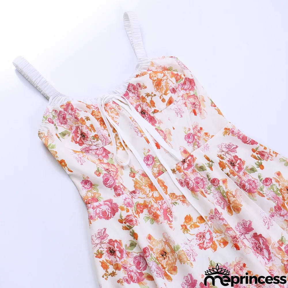 Straps Sexy Slit Floral Dress Women Summer Chic Slim Waist Slim Fit Long Dress