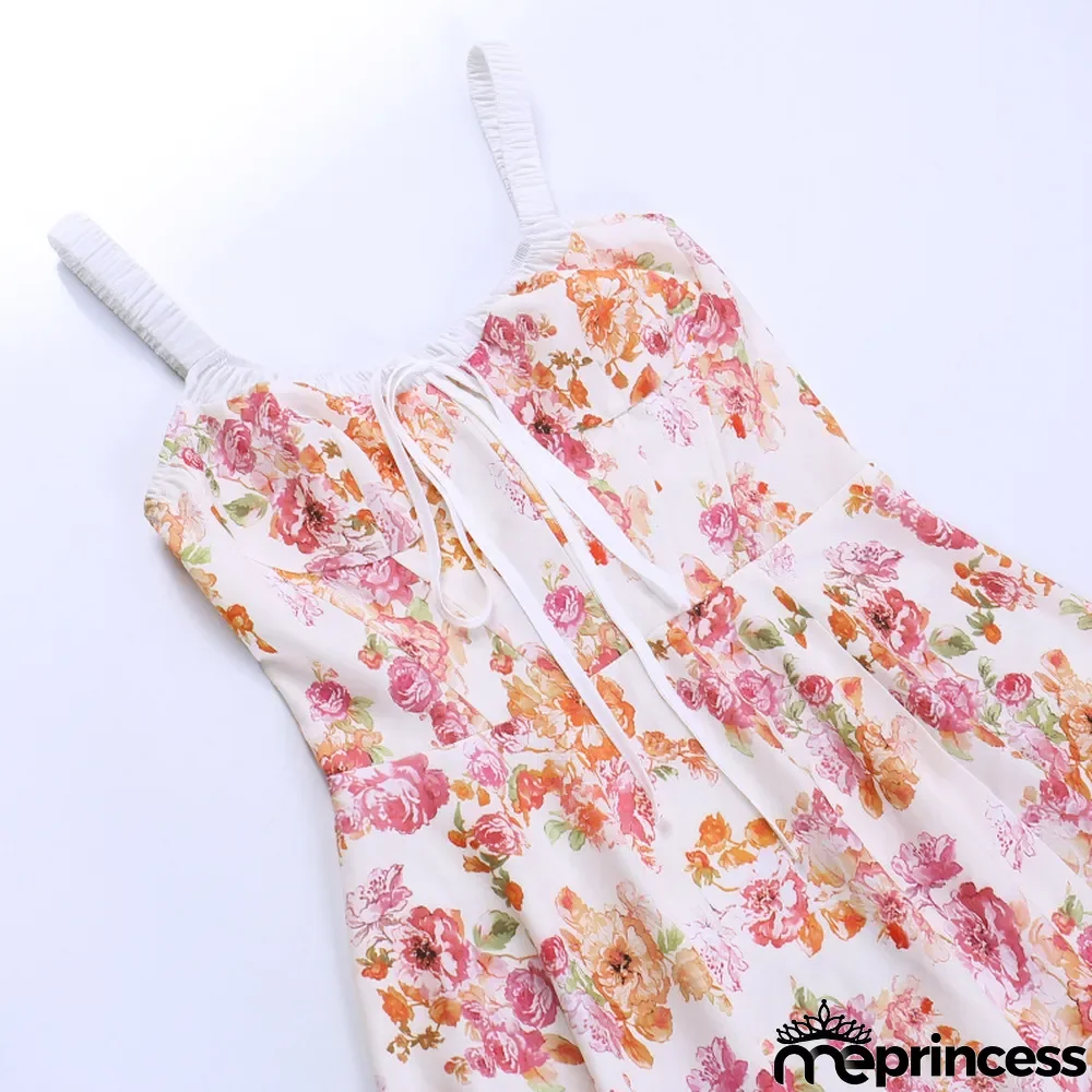 Straps Sexy Slit Floral Dress Women Summer Chic Slim Waist Slim Fit Long Dress