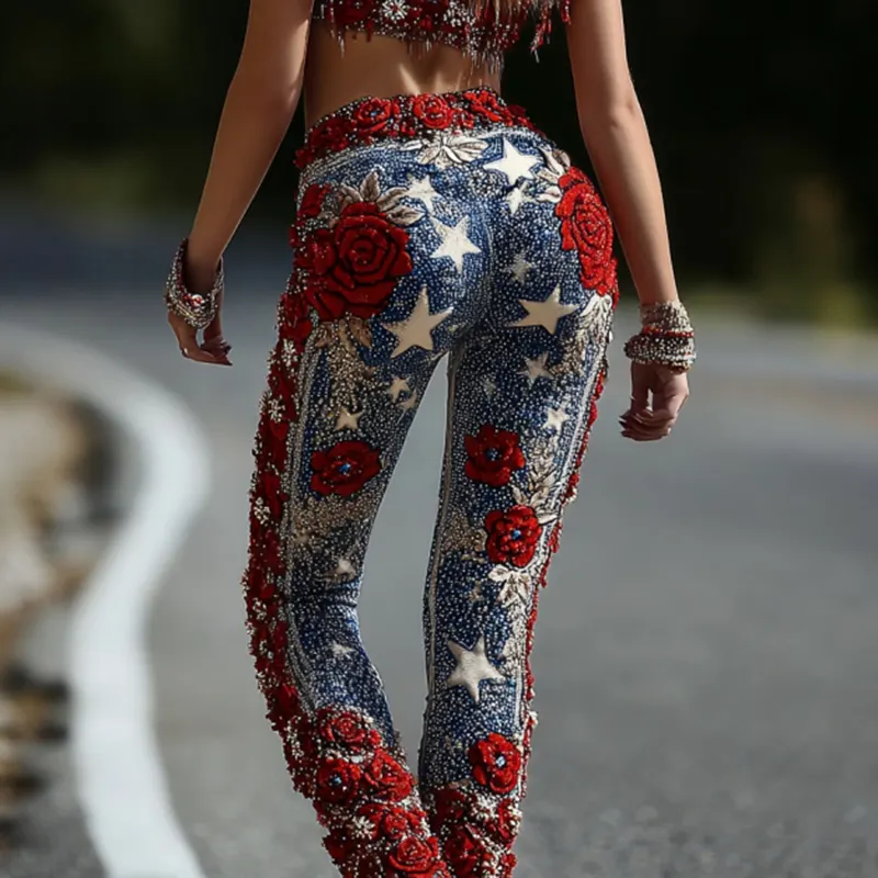  Women's Retro Independence Day Rose Print Leggings Westsshops