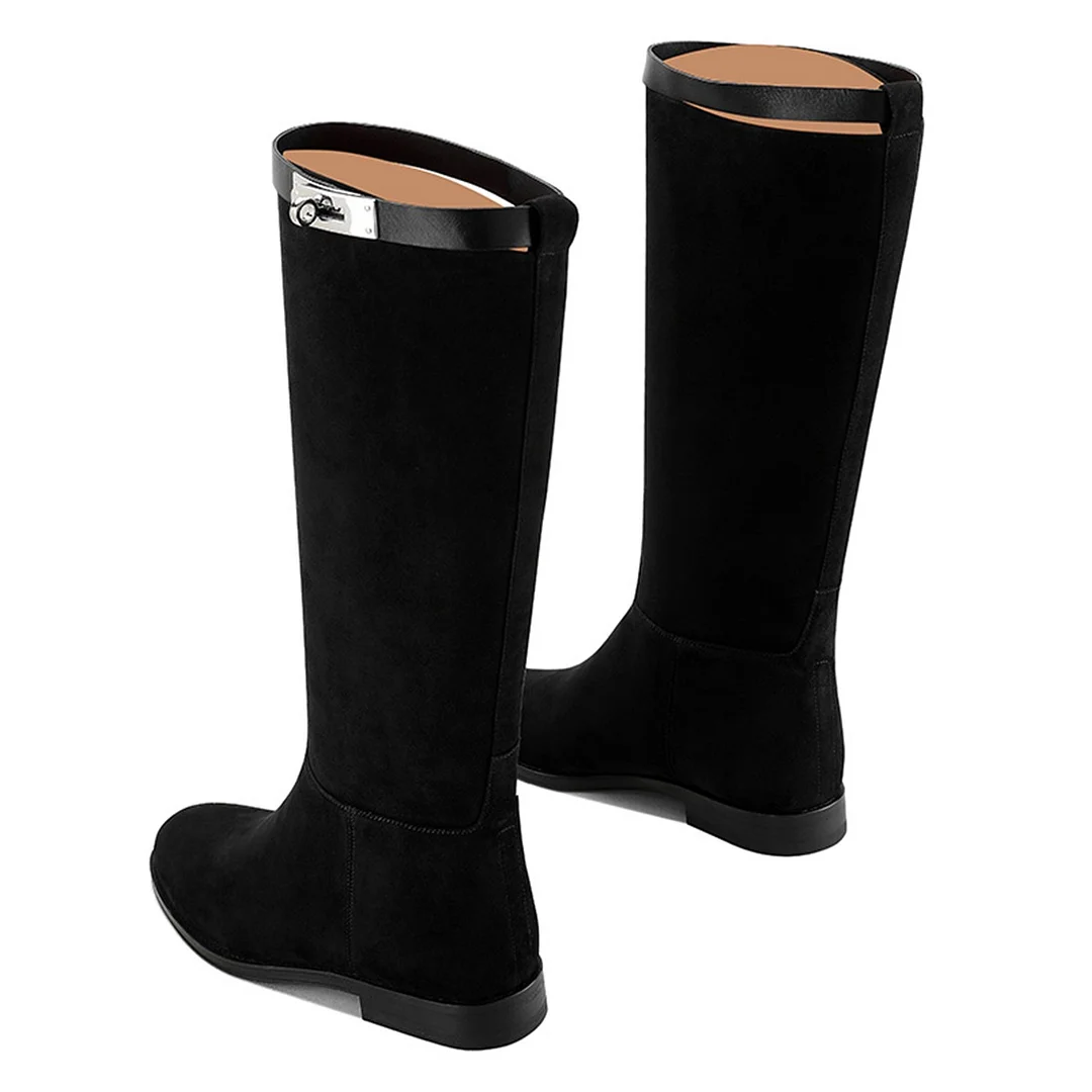 Elegant Black Knee High Closed Toe Flats Fashion Boots for Women