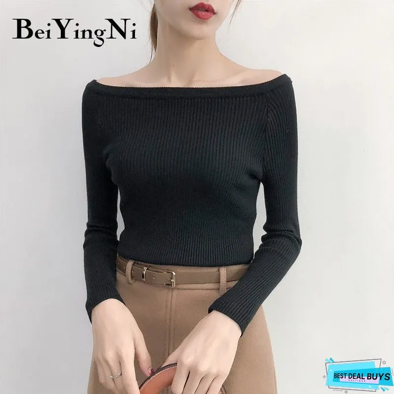 Christmas Gift Beiyingni Sexy Sweaters Womens Solid Slash Neck Tops Female Korean Streetwear Basic Sweater Ladies Pullover Autumn Winter Jumper