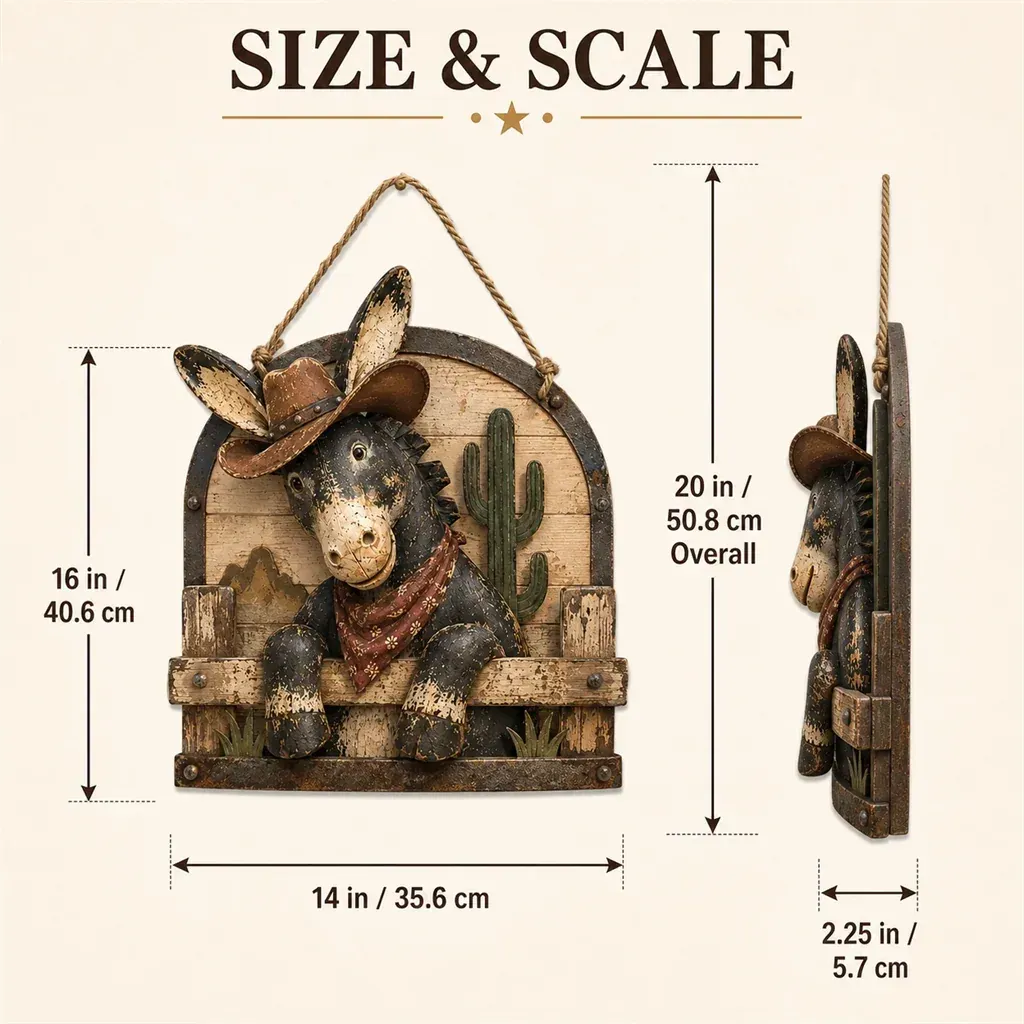 Rustic cowboy donkey wall hanging size and scale Rustic cowboy donkey wall hanging size and scale