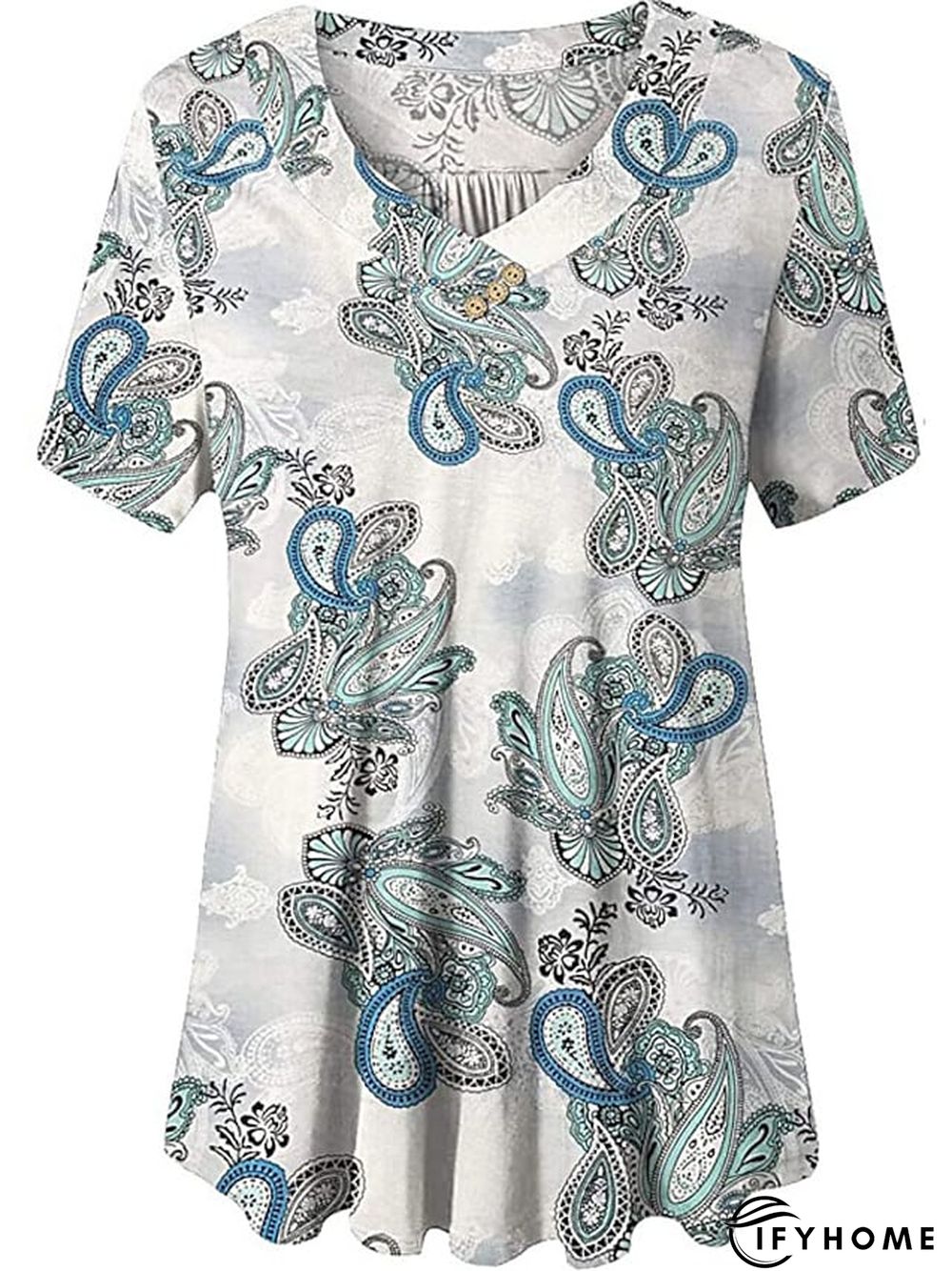 Women's Shirt Blouse Denim Blue Black White Leopard Floral Print Short Sleeve Casual Holiday Basic V Neck Regular Floral Plus Size M | IFYHOME